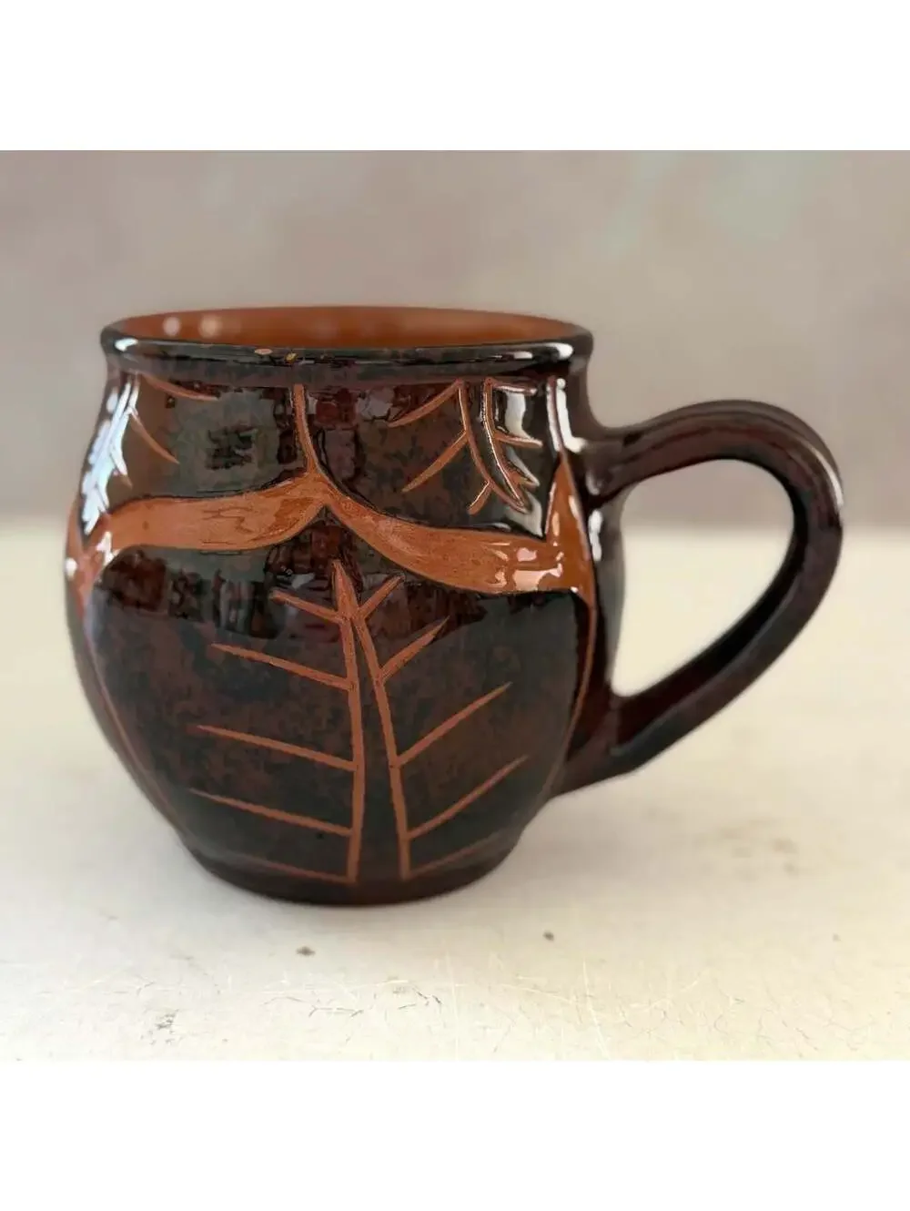 Wassi Art Jamaican Pottery Mug Pair | Hand Carved Leaf Redware Coffee Cups